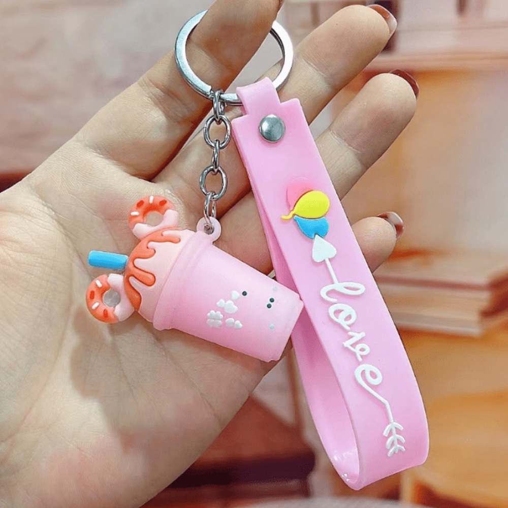 Disney Mickey Pink Bubble Tea Cup Shape Keychain Mini Simulation Food Key Chain